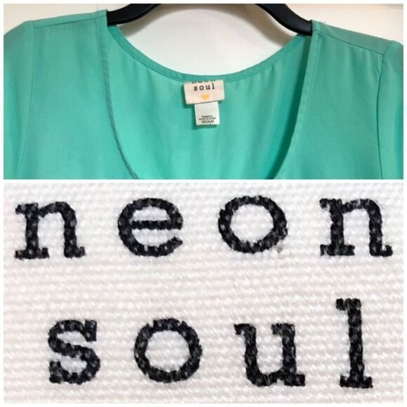 NEON SOUL - EUC - L Sz M Scoop Neck Cap Sleeve Pocket Blouse/Aqua 100% Polyester - Picture 2 of 11